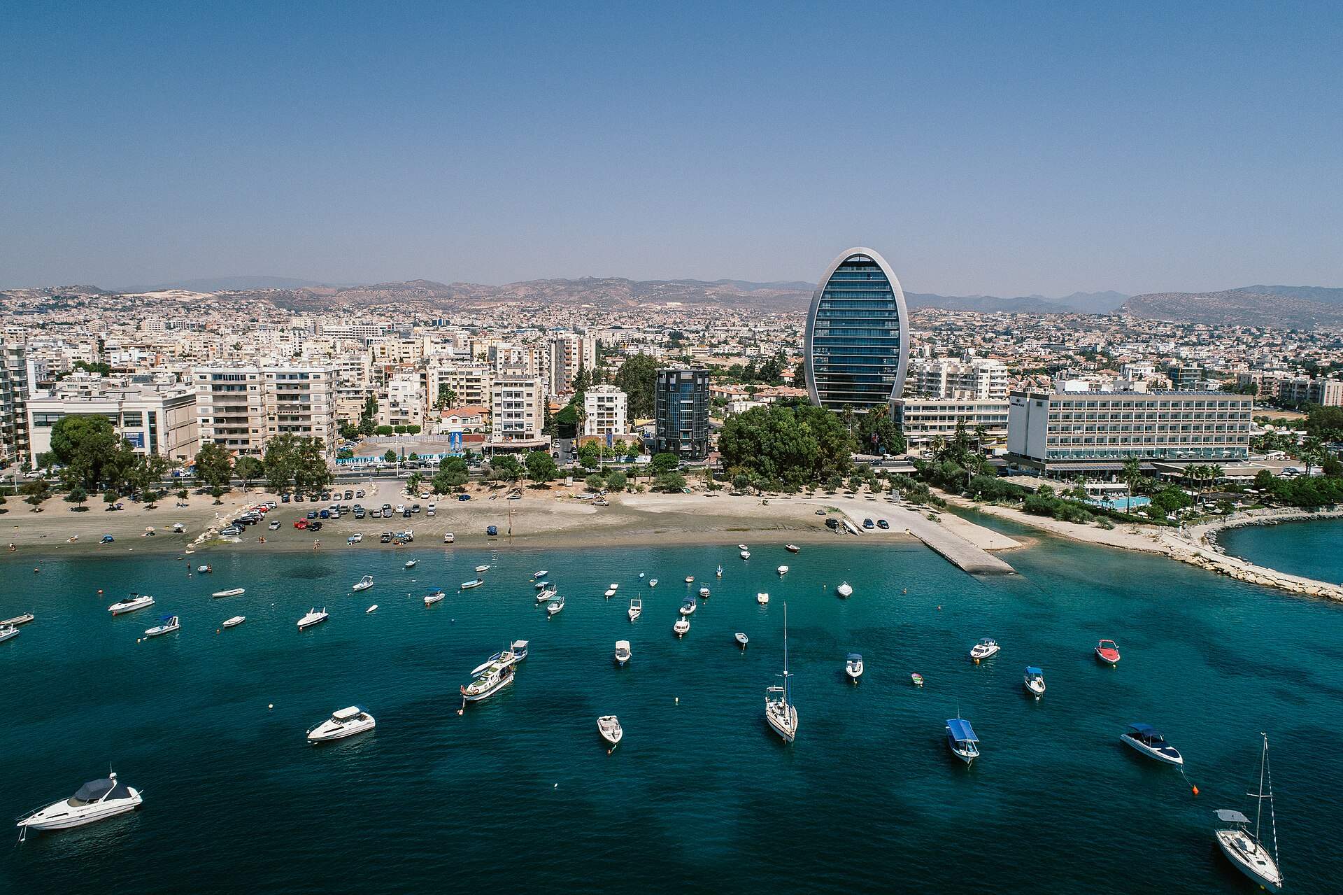 Limassol seafront and bay with moored boats